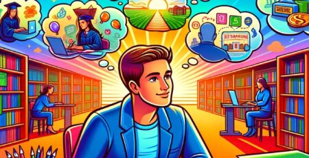 Colorful cartoon of a hopeful graduate school applicant at a desk, surrounded by thought bubbles depicting their journey, meeting with professors, library research, future career aspirations, considerations of finances, and overall happiness