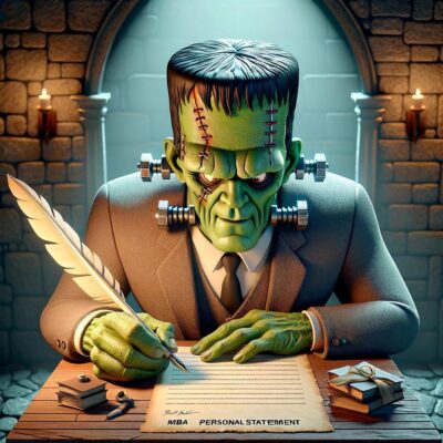 Cartoon of Frankenstein sitting at a desk, writing a personal statement with a quill, portraying a humorous juxtaposition of a monstrous figure engaged in a scholarly task