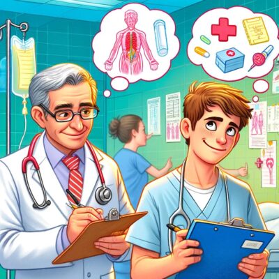 A young medical scribe with an eager expression follows a doctor, dreaming of medical school as they assist in a hospital.