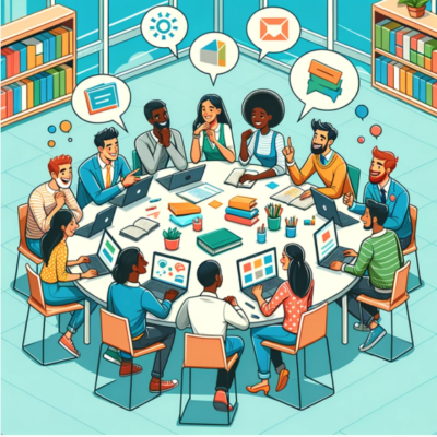 Colorful cartoon of a young Caucasian male and an Asian female MBA applicants seated at a cafe table, surrounded by open laptops and scattered papers. They are deep in conversation, brainstorming about their personal statements, with other cafe patrons visible in the background. The setting is lively and focused, ideal for depicting the strategic planning of MBA applications.