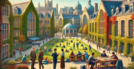 A vibrant and picturesque university campus in the fall, featuring ivy-covered buildings, students studying on the grass, professors in tweed jackets engaging in conversation, and a mix of old and modern architecture.