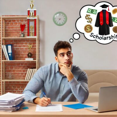 A stressed graduate student sits at a cluttered desk with papers, scholarship applications, and a laptop. The student is holding a pen and jotting notes on a notecard, with symbols of leadership, community involvement, and achievements in the background, including a trophy, a community service medal, and a graduation cap. A thought bubble shows images of dollar signs and a graduation gown.