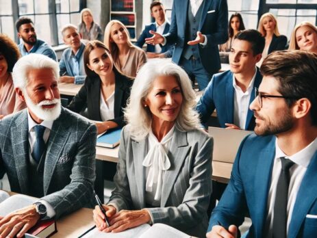 A diverse group of law students of various ages, including a gray-haired woman in her 60s and a man in his 40s, actively participating in a classroom discussion led by a younger professor. The image emphasizes inclusivity and lifelong learning in law school.