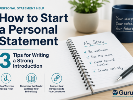How to start a personal statement: infographic showing three tips for writing a strong personal statement introduction, including avoiding gimmicky hooks, engaging the reader, and connecting the introduction to the conclusion.