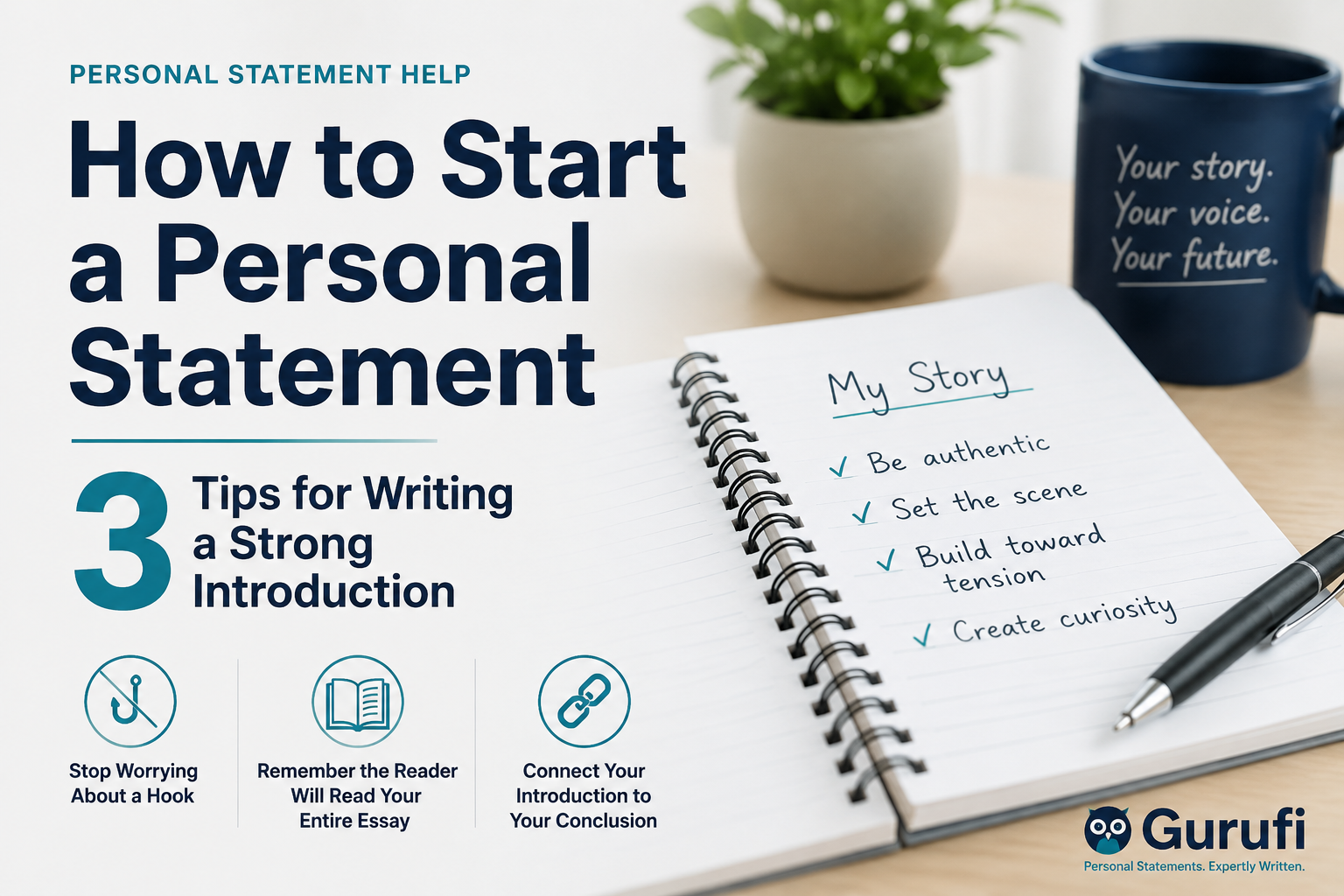 How to start a personal statement: infographic showing three tips for writing a strong personal statement introduction, including avoiding gimmicky hooks, engaging the reader, and connecting the introduction to the conclusion.