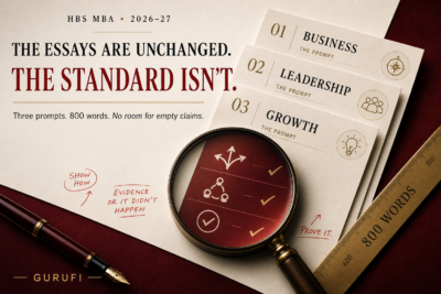 Graphic for the HBS MBA 2026–27 application essays highlighting three prompts—business, leadership, and growth—and an 800-word limit, with the message: “The essays are unchanged. The standard isn’t.”