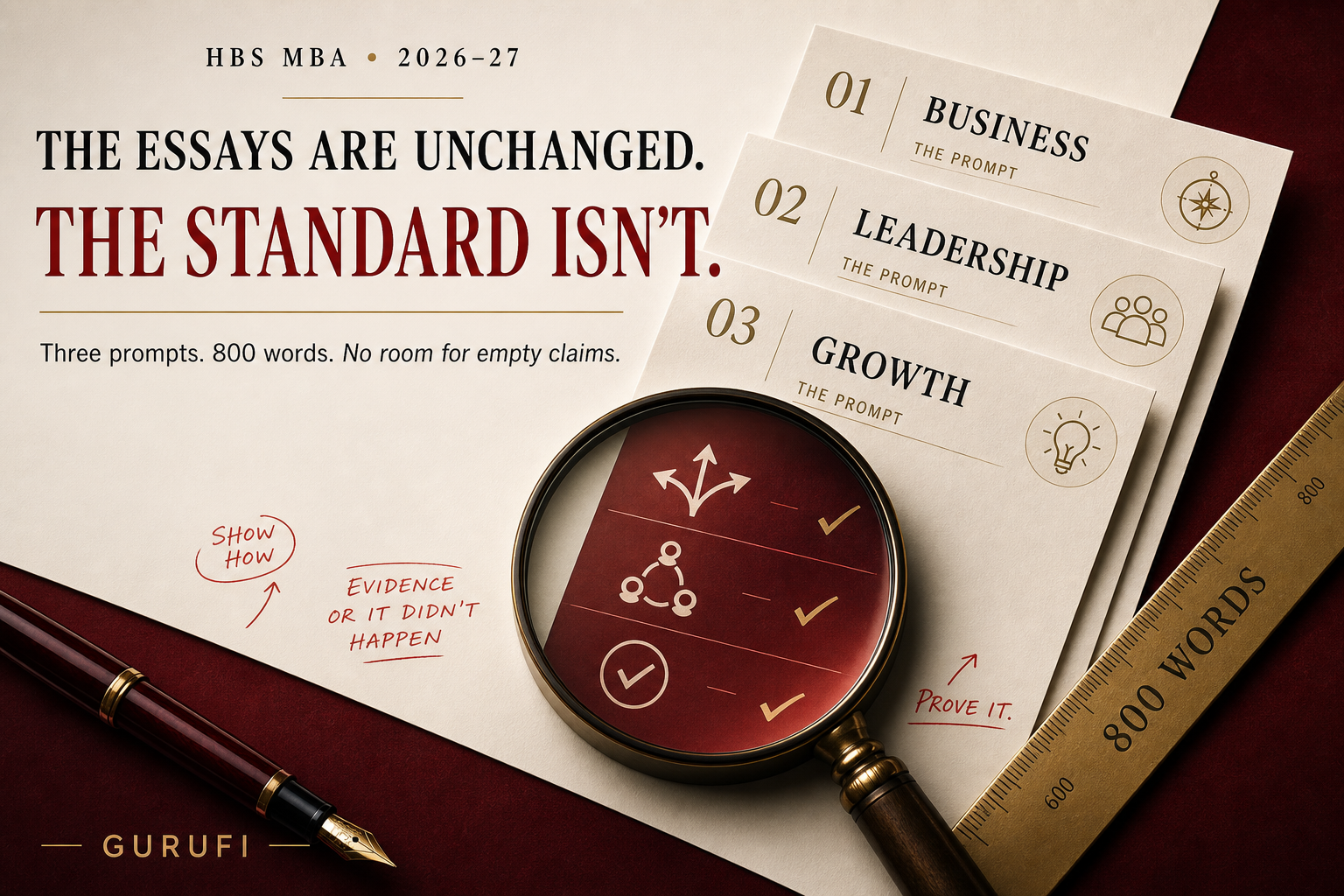 Graphic for the HBS MBA 2026–27 application essays highlighting three prompts—business, leadership, and growth—and an 800-word limit, with the message: “The essays are unchanged. The standard isn’t.”