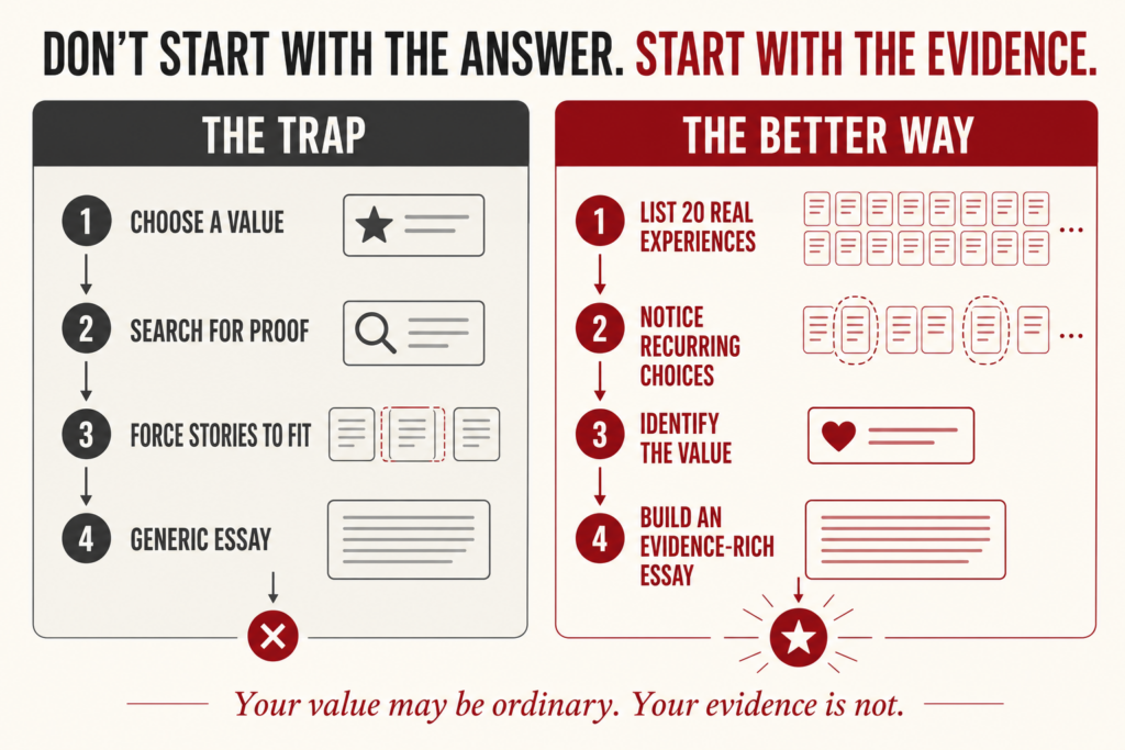 Comparison of two approaches to Stanford Essay A. The ineffective approach starts by choosing a value, searches for proof, forces stories to fit, and produces a generic essay. The better approach lists 20 real experiences, notices recurring choices, identifies the underlying value, and builds an evidence-rich essay.