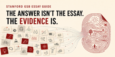 Stanford GSB essay guide showing personal experiences converging into a distinctive narrative, with the message “The answer isn’t the essay. The evidence is.”