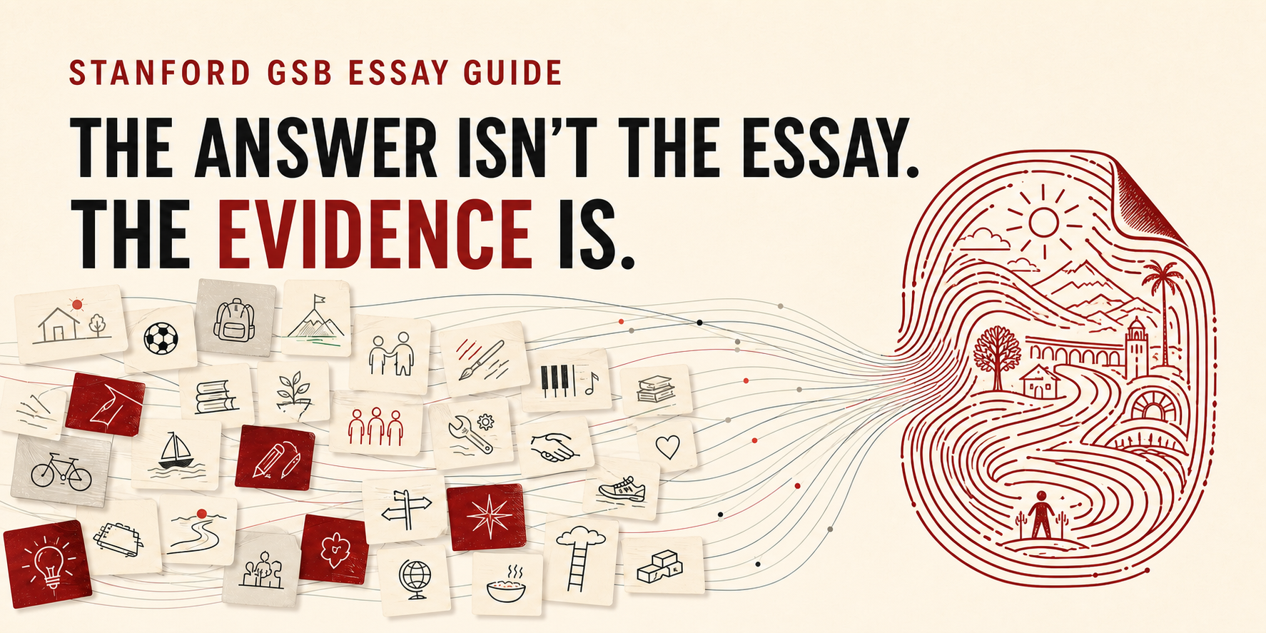 Stanford GSB essay guide showing personal experiences converging into a distinctive narrative, with the message “The answer isn’t the essay. The evidence is.”